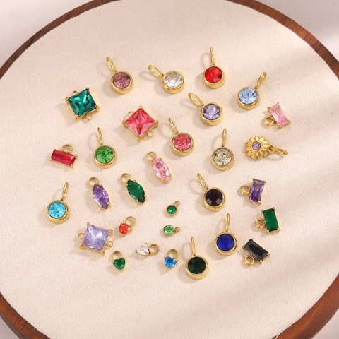 Stainless Steel Zirconia Pendant Geometric Jewelry Making DIY Heart Round Flower Shape Colorful Stone Charms For Necklaces
