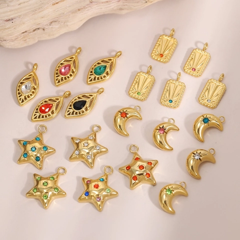 Vintage Edelstahl Anhänger Stern Mond Blatt Geometrische Sonnenstrahl Charms Mit Bunten Strasssteinen Für DIY Schmuckherstellung