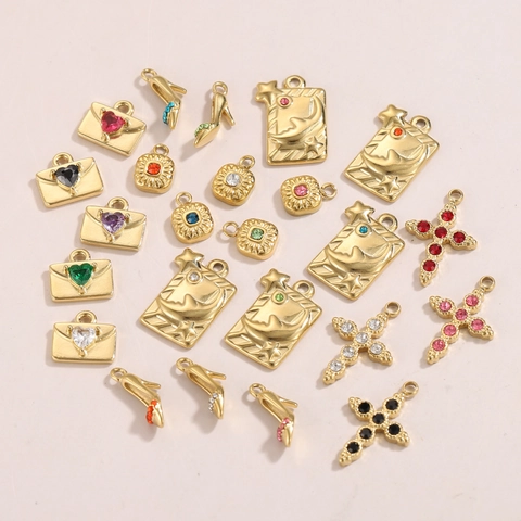 Vintage Stainless Steel Pendant DIY Jewelry Accessory Cross Heart Envelope Tarot Style Colorful Rhinestone Inlaid Charm