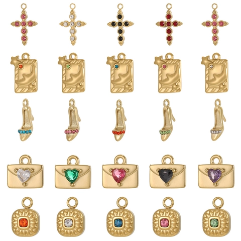 Vintage Stainless Steel Pendant DIY Jewelry Accessory Cross Heart Envelope Tarot Style Colorful Rhinestone Inlaid Charm