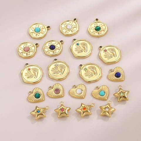 Vintage Stainless Steel Sunburst Pendant Gold Color Handprint Footprint Star Heart Rhinestone Artificial Pearl DIY Jewelry Pendant