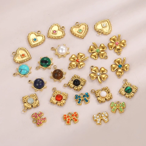 Vintage Edelstahl DIY Anhänger Für Die Schmuckherstellung Herz Klee Bogen Form Strass Künstliche Perle Eingelegt Gold Charms