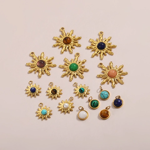 Stainless Steel Sunflower Natural Stone Pendant Gold Sunburst Lapis Lazuli Turquoise Charm DIY Earring Bracelet Jewelry Accessory