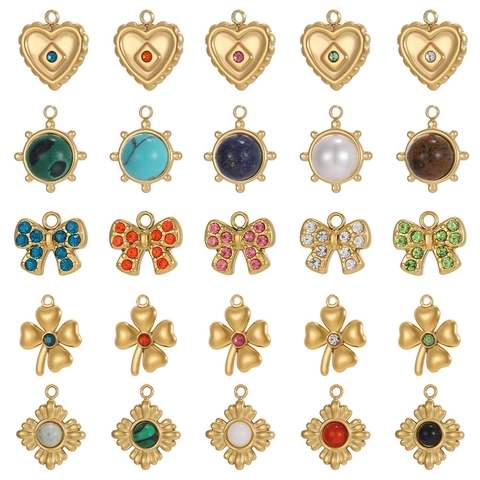 Vintage Edelstahl DIY Anhänger Für Die Schmuckherstellung Herz Klee Bogen Form Strass Künstliche Perle Eingelegt Gold Charms
