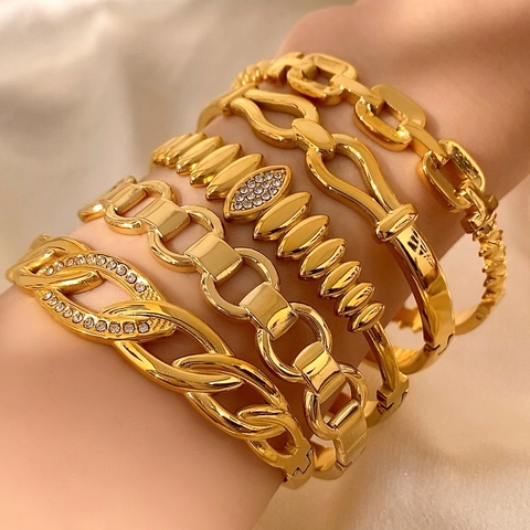 Bracciale Rigido alla Moda in Acciaio Inossidabile per Donna Lussuoso Placcato Oro Argento Trama a Catena Forma a Fibbia con Strass Gioielli Regalo