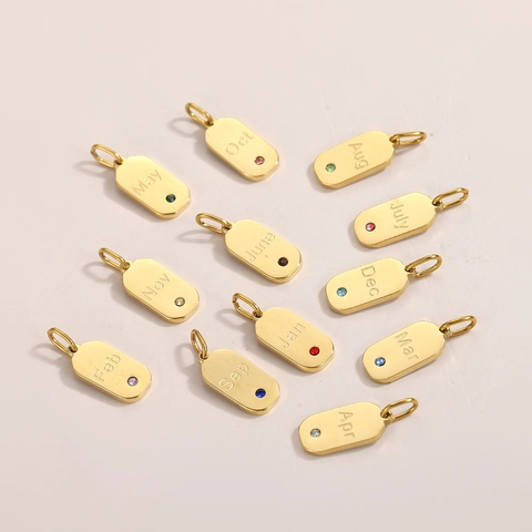Edelstahl Geburtsstein Monat Anhänger Goldbeschichtet Zirkon Rechteckige Platte Charms Für DIY Halskette Schmuckherstellung