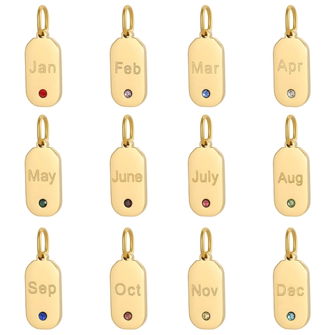 Edelstahl Geburtsstein Monat Anhänger Goldbeschichtet Zirkon Rechteckige Platte Charms Für DIY Halskette Schmuckherstellung