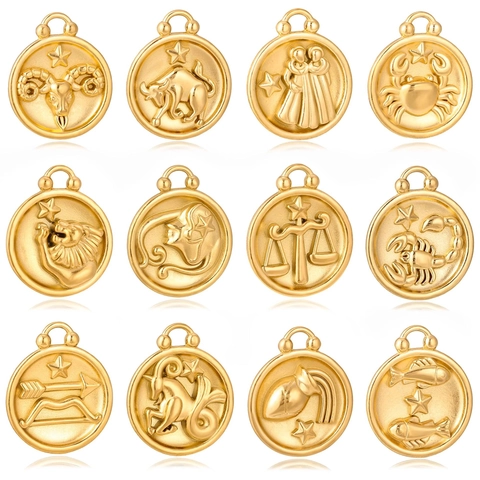 Pendentifs Signes Du Zodiaque Pièce Ronde Plaqué Or 18K Acier Inoxydable Double Face Constellation Breloques DIY Fabrication Bijoux