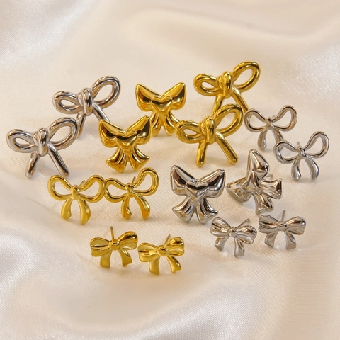 Schleife Edelstahl Schmuck Für Damen 14K Vergoldet Einfach Elegant Ohrstecker Und Anhänger Halskette Geschenk Mode