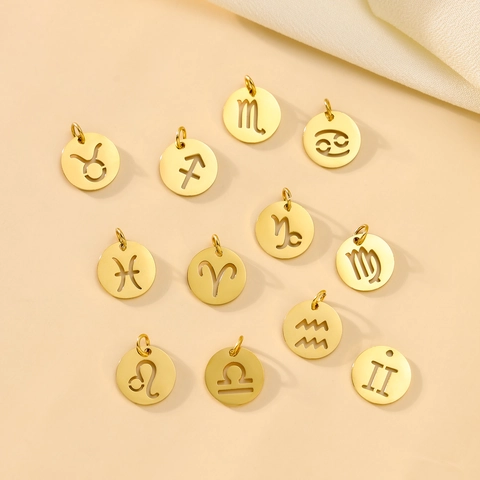 Stainless Steel Twelve Zodiac Signs Hollow Round Plate Pendants DIY Necklace Bracelet Charm Accessories For Jewelry Making