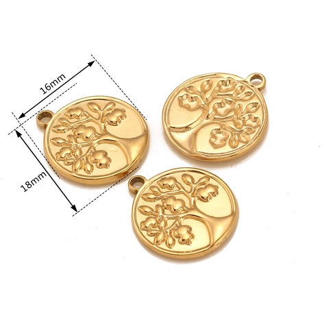 Stainless Steel Tree Of Life Round Pendant For DIY Jewelry Making Accessories Embossed Design Gold Silver Charm