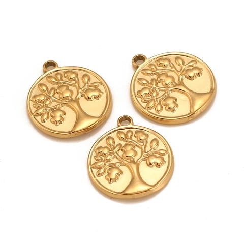Stainless Steel Tree Of Life Round Pendant For DIY Jewelry Making Accessories Embossed Design Gold Silver Charm