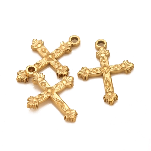 Retro 304 Stainless Steel Cross Pendant For DIY Jewelry Making Necklace Earrings Vacuum Plated Religious Embossed Charm