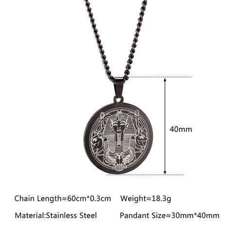 Men Vintage Ancient Egyptian Pharaoh Pendant Necklace Stainless Steel Hip Hop Pharaoh Ankh Round Coin Chain Necklace