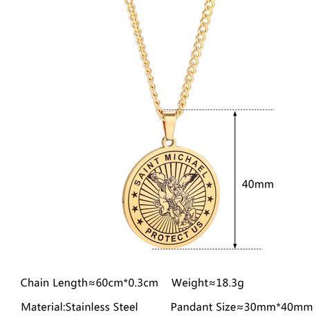 Saint Michael Archangel Medallion Necklace 304 Stainless Steel Round Religious Amulet Engraved Guardian Angel Protector Coin Pendant Rope Chain Jewelry Gift