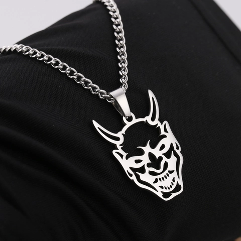Stainless Steel Hannya Ghost Mask Pendant Necklace Gothic Punk Hip Hop Street Jewelry For Men Women Halloween Gift