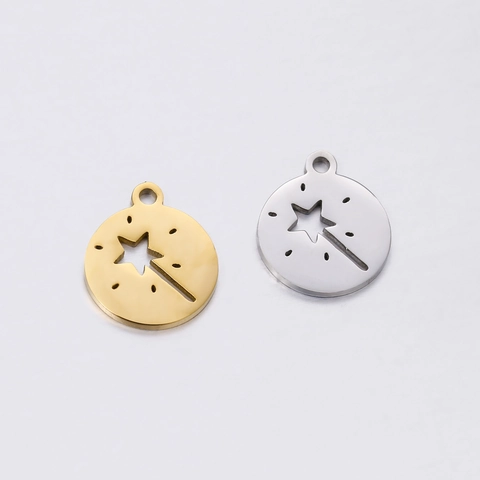 304 Stainless Steel Hollow Magic Wand Star Fairy Stick DIY Jewelry Pendant Mirror Polished Round Charm For Bracelet Necklace