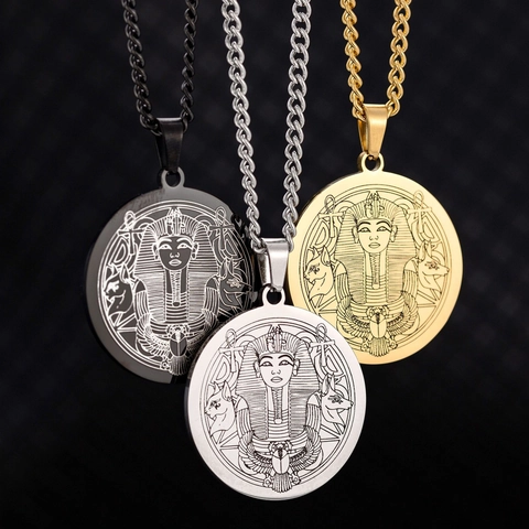 Men Vintage Ancient Egyptian Pharaoh Pendant Necklace Stainless Steel Hip Hop Pharaoh Ankh Round Coin Chain Necklace