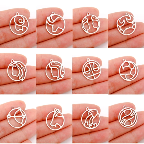304 Stainless Steel Round Hollow 12 Zodiac Sign Pendant For DIY Jewelry Making Necklace Earring Handicraft Accessories