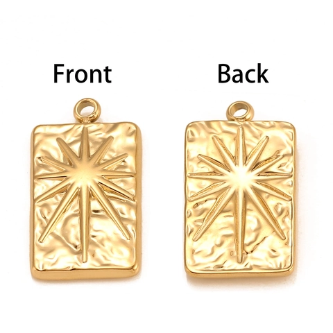 304 Stainless Steel Starburst Compass Rectangle Pendant Hammered Texture Embossed Sun Star Charm For Jewelry Making DIY