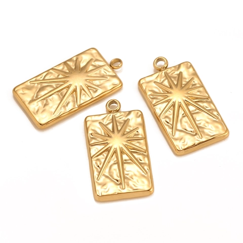 304 Stainless Steel Starburst Compass Rectangle Pendant Hammered Texture Embossed Sun Star Charm For Jewelry Making DIY