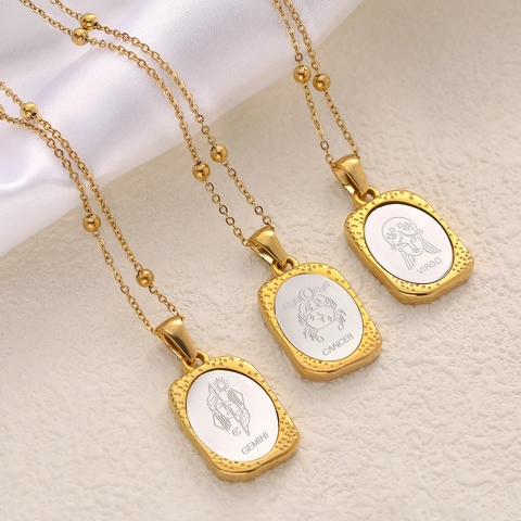 Vintage 304 Stainless Steel 12 Zodiac Constellation Necklace Gold Plated Rectangular Pendant Bead Station Chain Women Jewelry