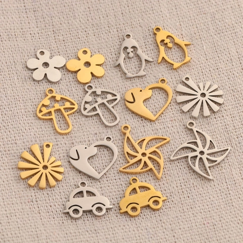 304 Acciaio Inossidabile DIY Ciondolo Senza Catena Traforato Fiore Fungo Pinguino Auto Mulino a Vento Design per Creazione Gioielli Collana Orecchini Artigianato