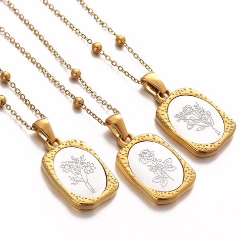 Vintage Roestvrij Staal Geboortebloem Hanger Ketting Voor Vrouwen Vergulde Satelliet Ketting Rechthoekige Sieraden