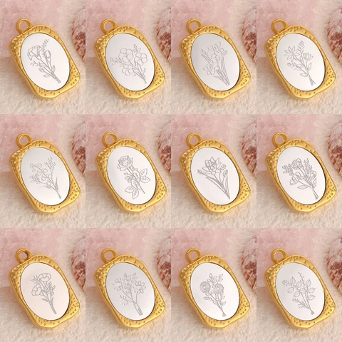 Vintage 304 Edelstahl Geburtsblume Anhänger Damen 18K Vergoldet Rechteckig Floral Charm DIY Schmuckherstellung Zubehör