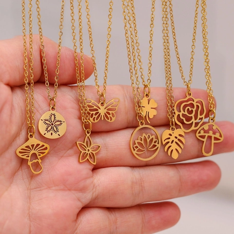Women 304 Stainless Steel Pendant Necklace Minimalist Hollow Mushroom Lotus Butterfly Clover Monstera Leaf Rose Jewelry