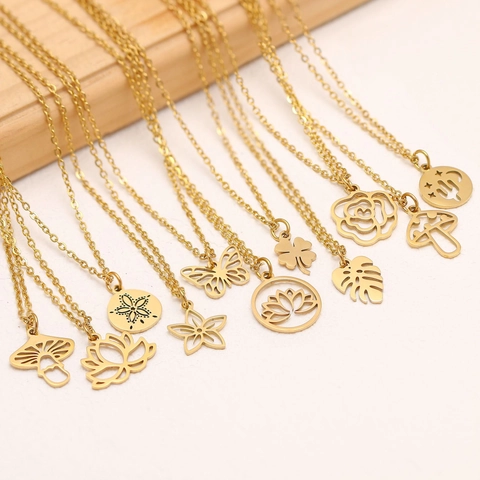 Women 304 Stainless Steel Pendant Necklace Minimalist Hollow Mushroom Lotus Butterfly Clover Monstera Leaf Rose Jewelry