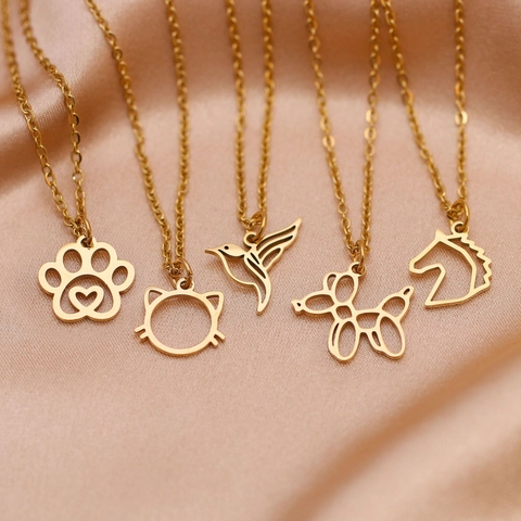 304 Stainless Steel Animal Pendant Necklace For Women Minimalist Hollow Horse Hummingbird Cat Butterfly Clavicle Chain Jewelry