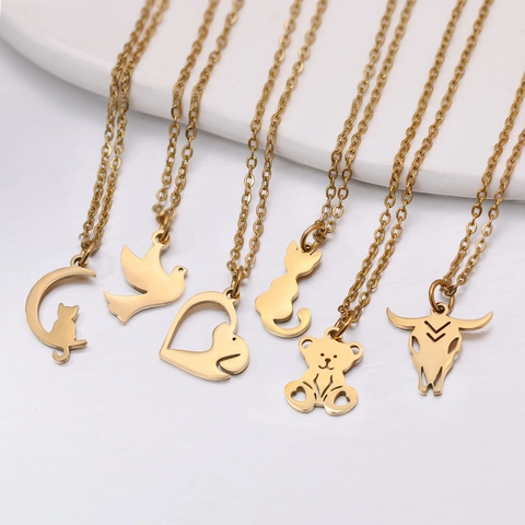 Minimalist 304 Stainless Steel Animal Pendant Necklace For Women Gold Silver Polished Cat Bear Dog Pigeon Cow Skull Jewelry