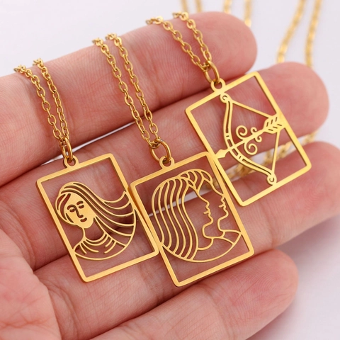 Zodiac Sign Rectangular Hollow Pendant Necklace For Women 304 Stainless Steel Gold Plated Twelve Constellation Astrology Jewelry