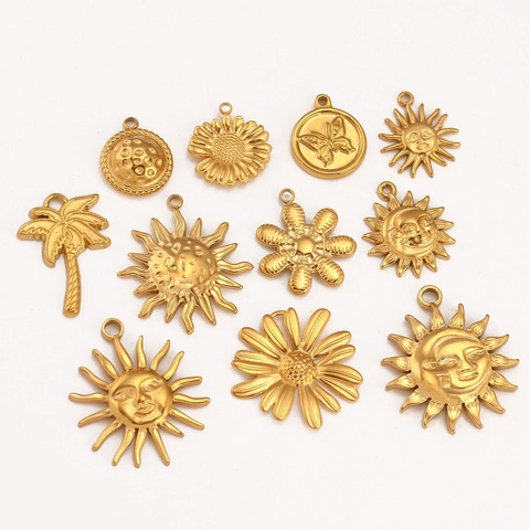Stainless Steel Flower Sun Butterfly Palm Tree DIY Pendants 18K Gold Plated Charms For Necklace Bracelet Jewelry Making