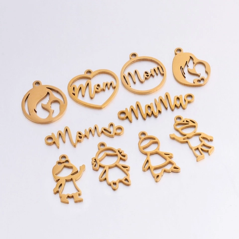 Stainless Steel Mother's Day DIY Jewelry Charms Mom Mama Mother Boy Girl Silhouette Gold Silver Pendants For Jewelry Making