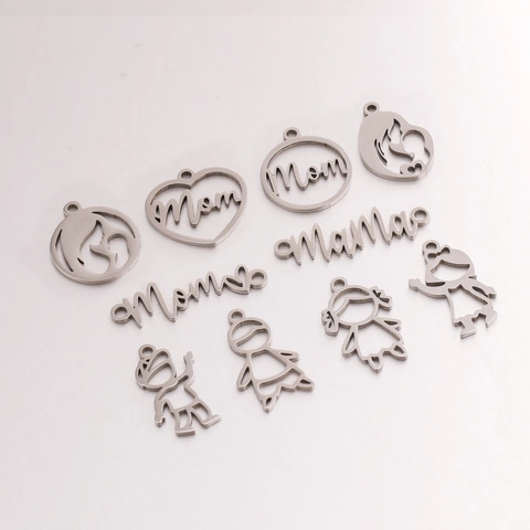 Stainless Steel Mother's Day DIY Jewelry Charms Mom Mama Mother Boy Girl Silhouette Gold Silver Pendants For Jewelry Making