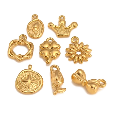 304 Stainless Steel Pendants Minimalist Flower Clover Compass Crown Shapes For DIY Jewelry Making Necklaces Findings