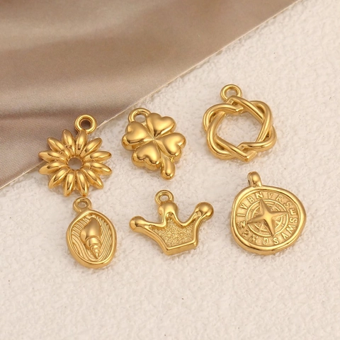 304 Stainless Steel Pendants Minimalist Flower Clover Compass Crown Shapes For DIY Jewelry Making Necklaces Findings