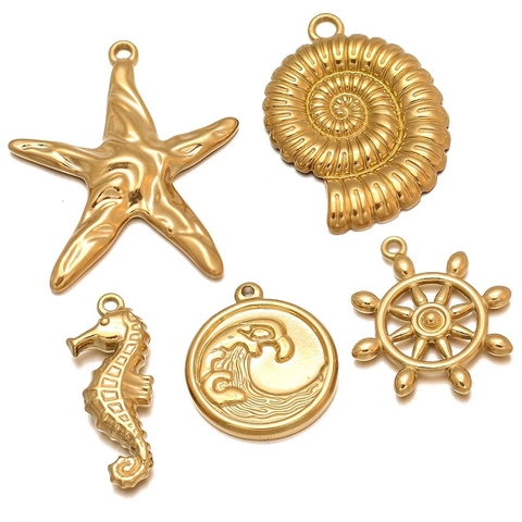 304 Stainless Steel Marine Life Pendants Sea Star Seahorse Conch Shell Rudder Whale Tail DIY Jewelry Making Accessories