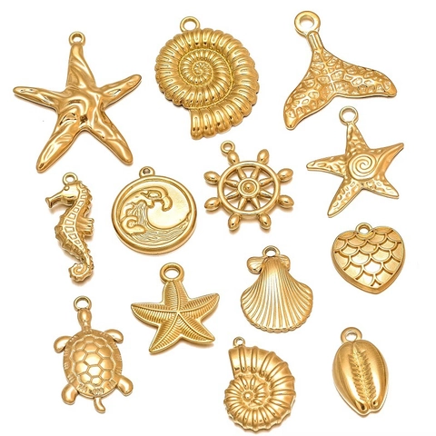 304 Stainless Steel Marine Life Pendants Sea Star Seahorse Conch Shell Rudder Whale Tail DIY Jewelry Making Accessories
