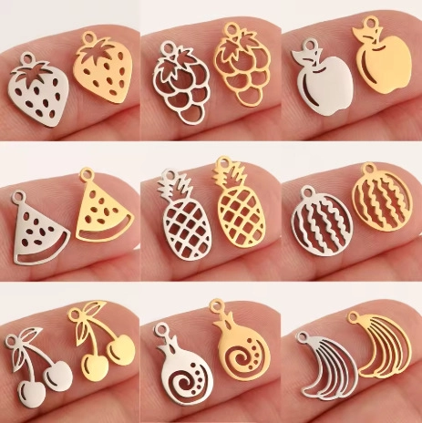 Stainless Steel Fruit Charms Hollow Out Strawberry Cherry Watermelon Pineapple Grape Pomegranate Apple Banana Shape DIY Jewelry Making Pendants Accessories