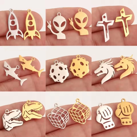 Stainless Steel Alien Rocket Dinosaur Boxing Glove Pendant Personalized Punk Hollow Out Cube Shark Planet Charms Jewelry