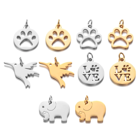 Metal Animal Pendants Paw Print Hummingbird Elephant Love Charms For DIY Jewelry Making Accessories Gold Silver Colors