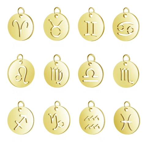 Stainless Steel Round Mirror Zodiac Pendant Hollow Out Constellation Sign Charm For DIY Necklace Jewelry Making Accessory