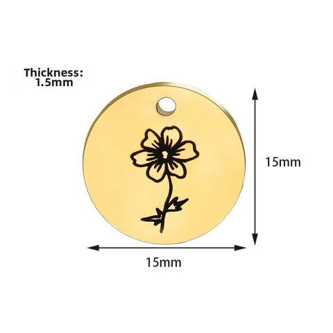 Stainless Steel Birth Flower Round Pendant Gold Plated Monthly Floral Coin Tag For DIY Jewelry Necklace Birthday Gift For Women
