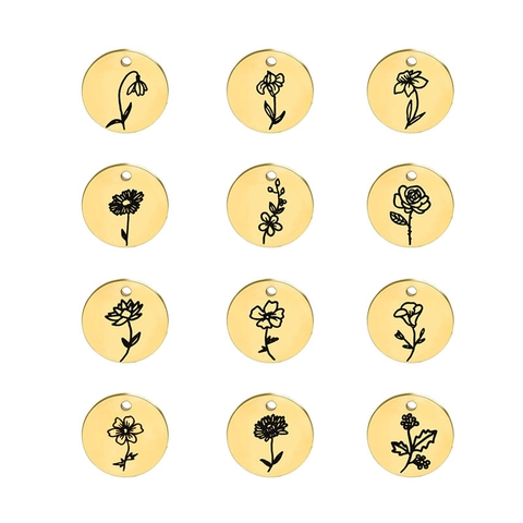 Stainless Steel Birth Flower Round Pendant Gold Plated Monthly Floral Coin Tag For DIY Jewelry Necklace Birthday Gift For Women