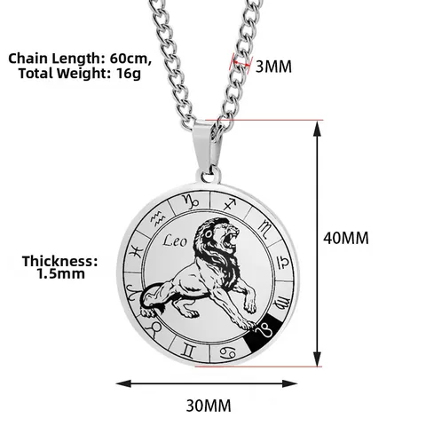Stainless Steel Twelve Zodiac Sign Pendant Necklace Astrology Round Coin Leo Scorpio Sagittarius Jewelry Gift Men Unisex