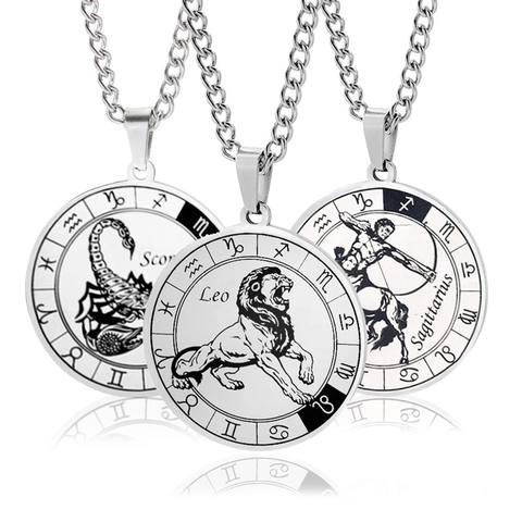 Stainless Steel Twelve Zodiac Sign Pendant Necklace Astrology Round Coin Leo Scorpio Sagittarius Jewelry Gift Men Unisex