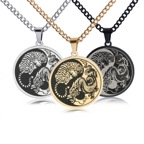 Collana Con Ciondolo In Acciaio Inossidabile Design Drago Tigre Yin Yang Per Uomo Gioielli Collana Pendente Rotondo Punk